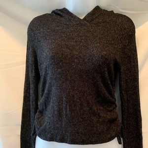 Olivia Rae Cropped  Gray Black Tweed Hooded Sweater Ruched Sides Bow Tie Medium